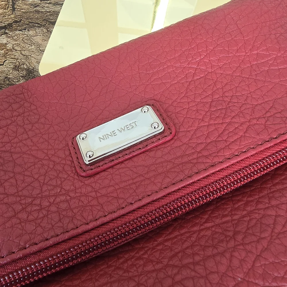 Nine West Red Pebbled Leather Crossbody Bag Foldover Clutch Convertible Purse